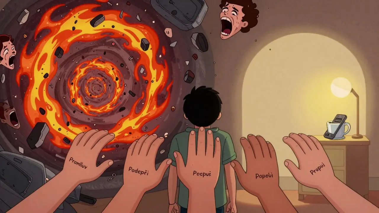 Pět symbolických rukou vede trauma zpět k klidu a bezpečí.