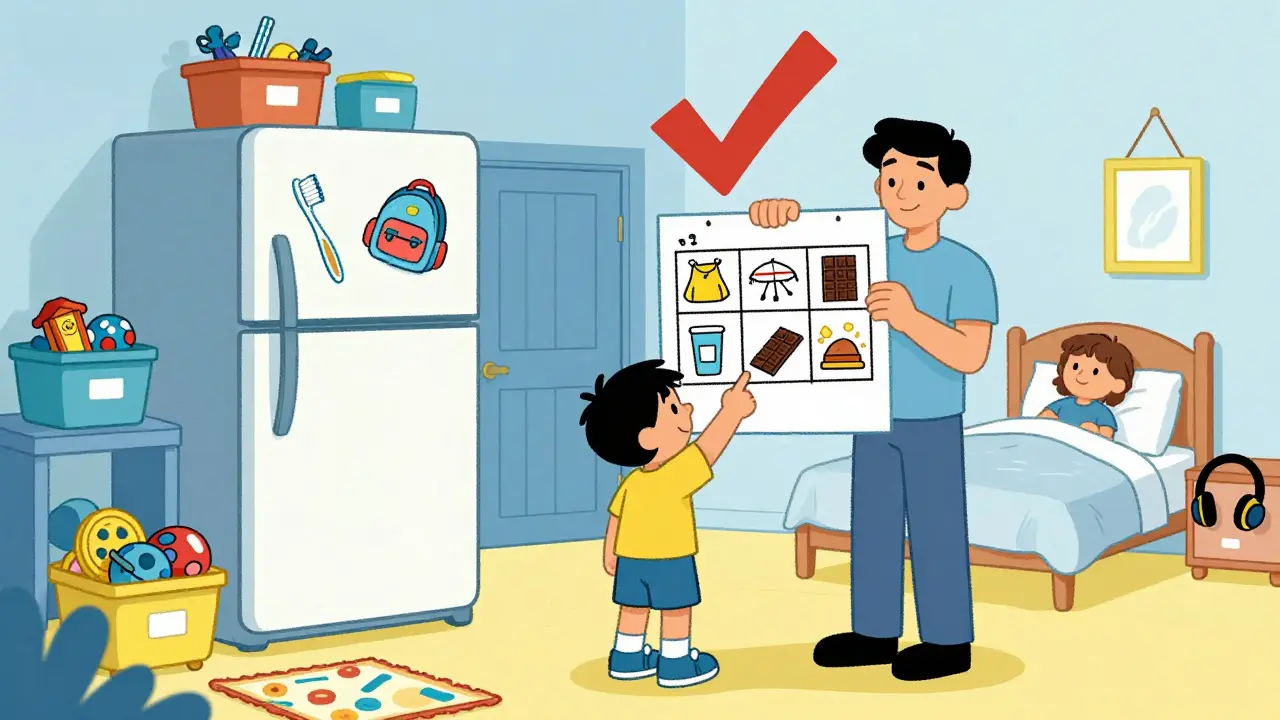 Rodič a dítě doma sledují papírový vizuální rozvrh na ledničce, kolem nich je uspořádané domácí prostředí.