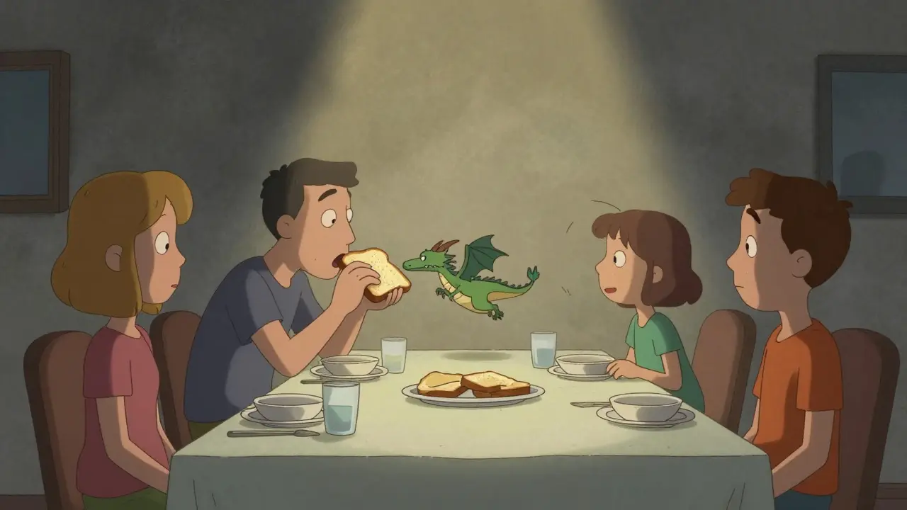 Rodina spolu jí, jeden člen sní chléb, který se proměňuje v malého draka.