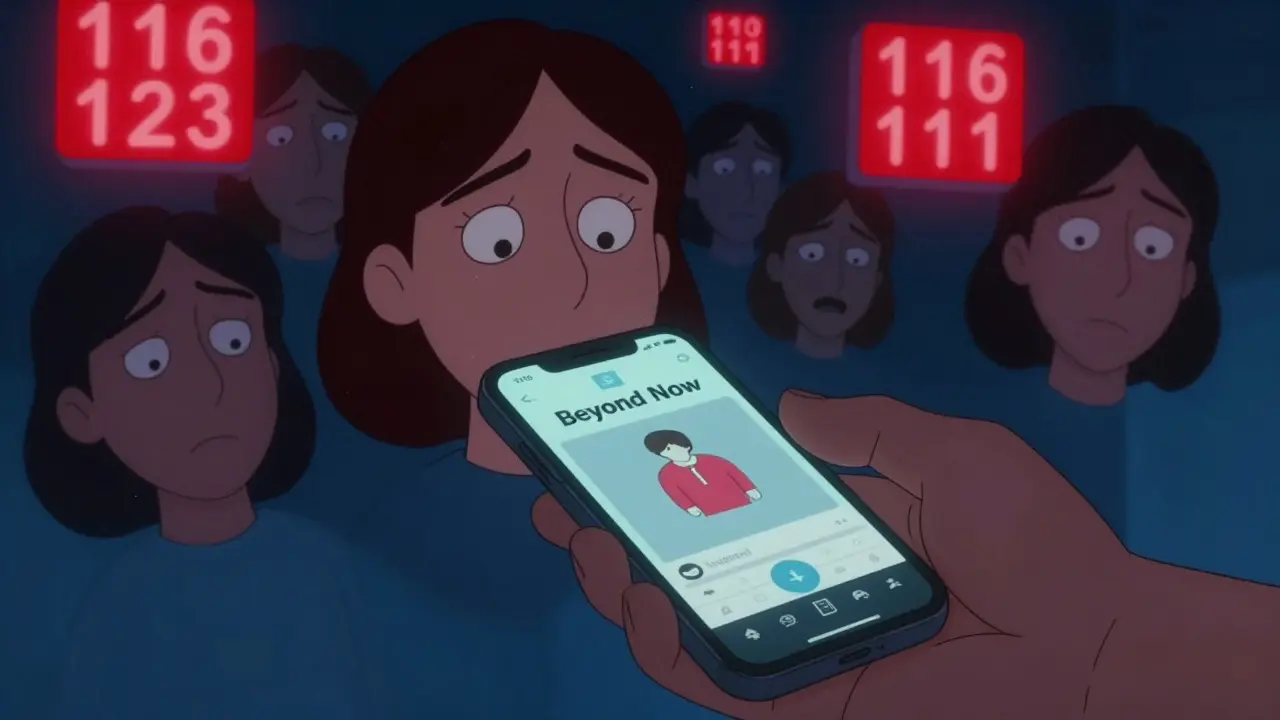 Ruka držící telefon s aplikací pro prevenci sebevraždy a glowing čísla bezpečnostních linek.