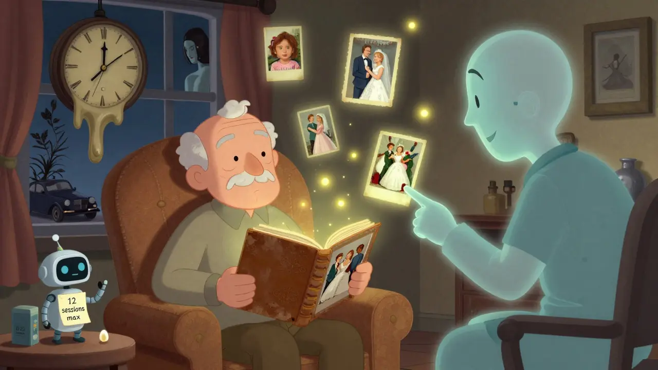 Senior prohlíží staré fotografie, kolem něj plavou vzpomínky, terapeut ho vedoucím gestem.