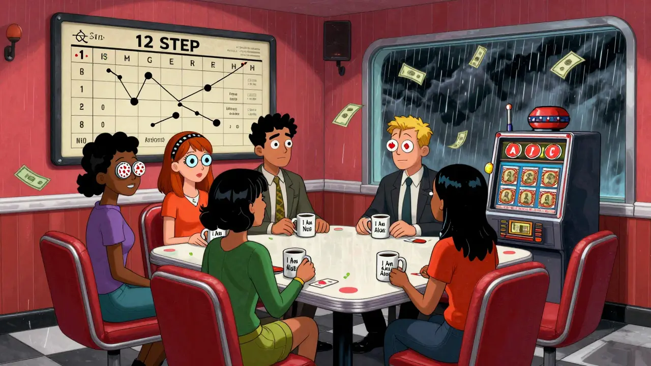 Skupina lidí s hazardními deformacemi v plavající dinerové kavárně, symbolizující podporu.