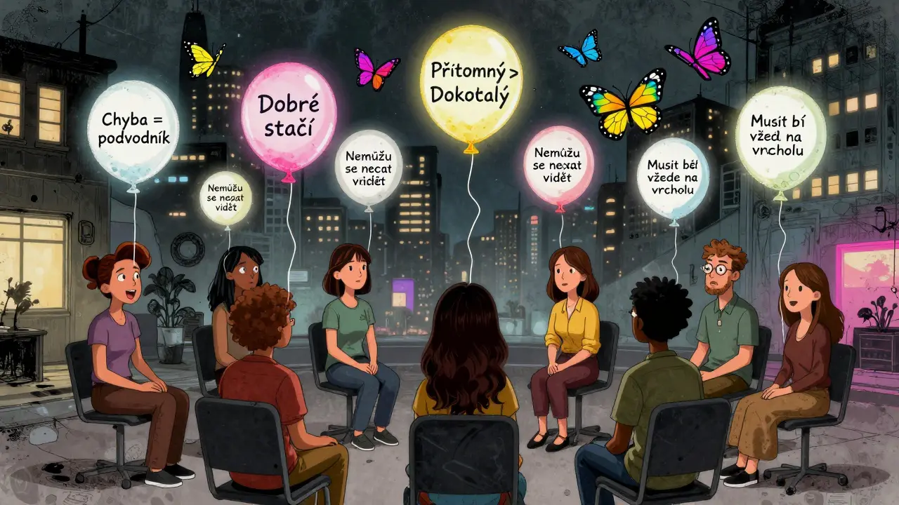 Skupina lidí v terapii popouští balónky s kritickými myšlenkami, z nichž vylétají motýli s pozitivními frázemi.