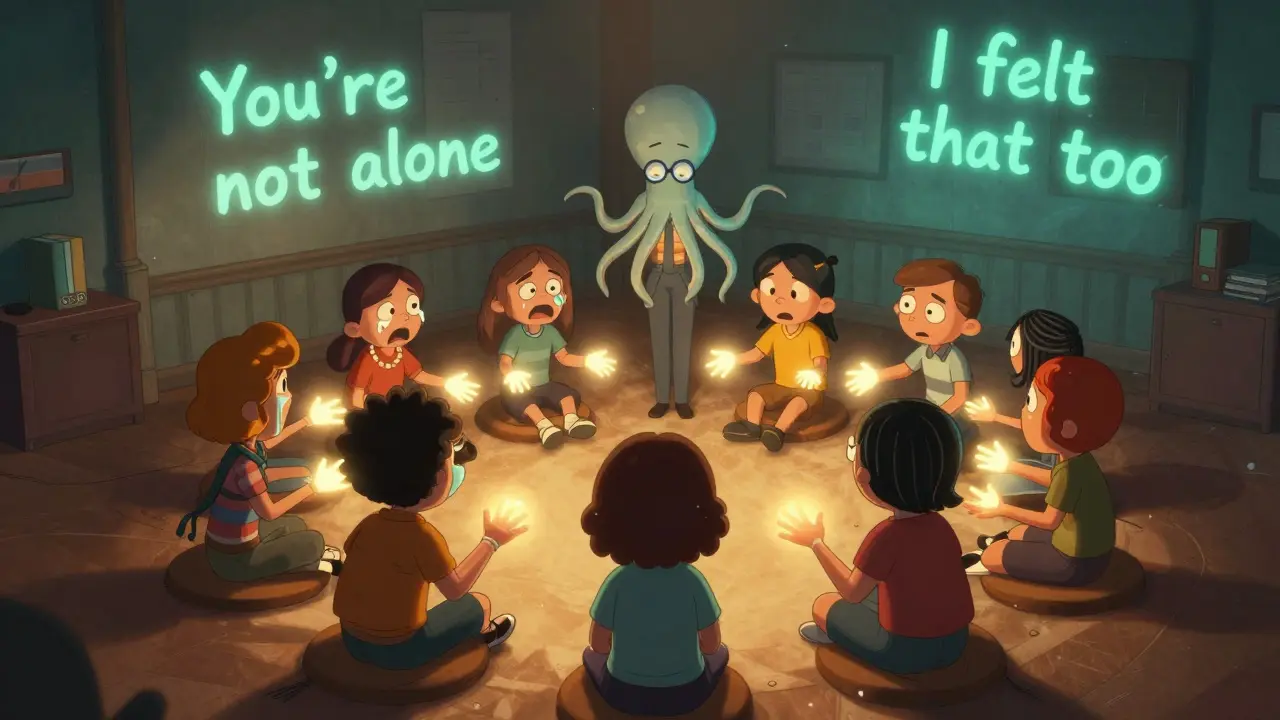 Skupina lidí v terapii sdílí emoce v teplém, surrealním prostředí.