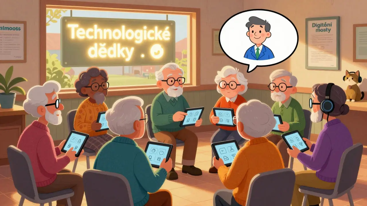 Skupina seniorů si navzájem pomáhá s technologií, zatímco terapeutka pozoruje z obrazovky.