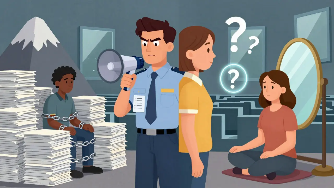 Split counselor symbolizing direct and non-directive styles guiding two different clients.