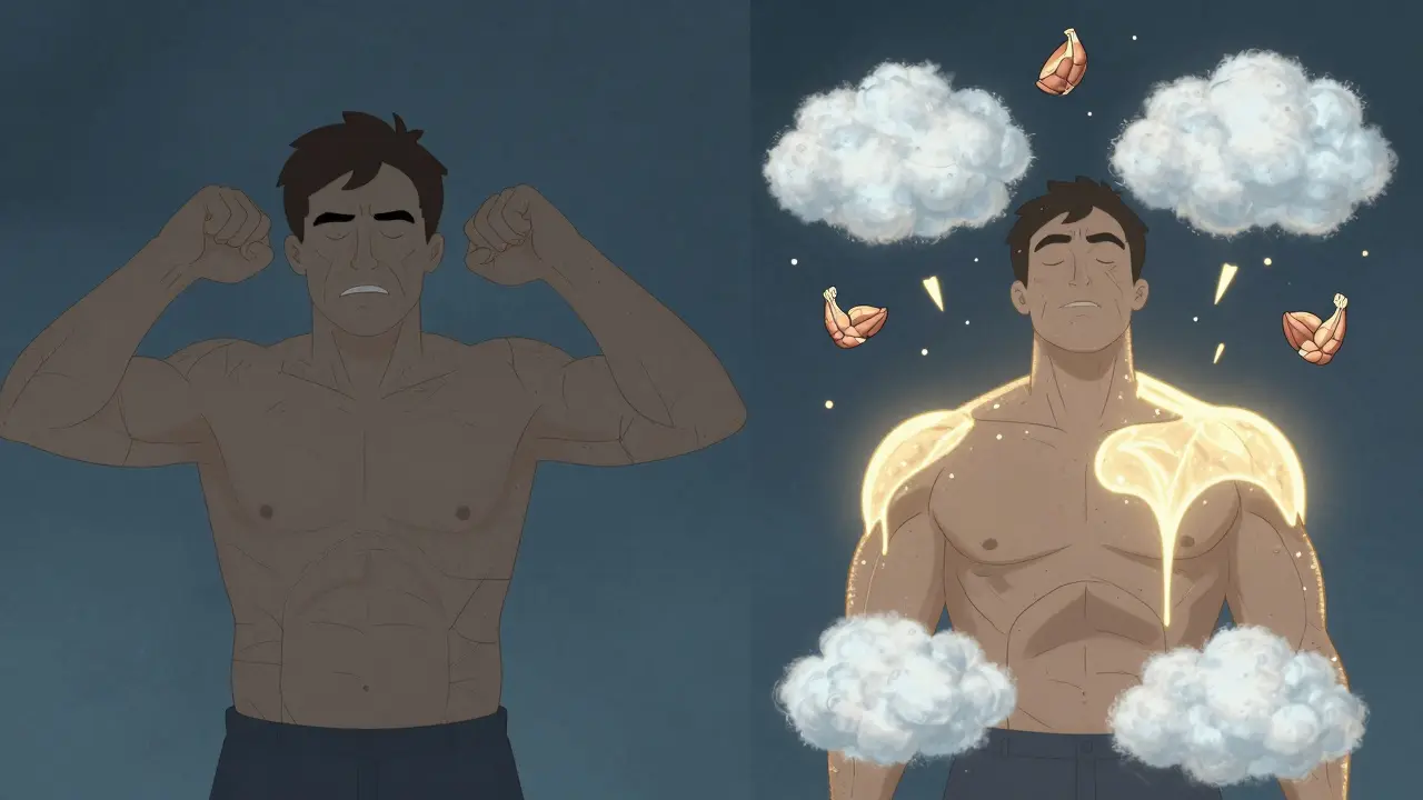 Srovnání napjatého těla a uvolněného těla po progresivní svalové relaxaci s vizualizací svalů jako měkkých oblaků.