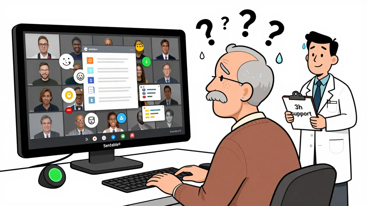 Starý muž je zmatený složitým rozhraním Zoomu, zatímco jednoduchý senTable® čeká v pozadí.