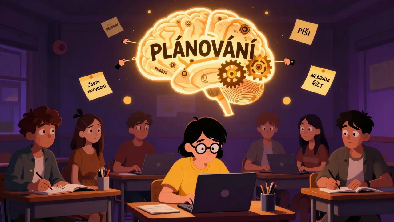 Student writing on laptop while giant brain with gears above displays &#039;PLÁNOVÁNÍ&#039; and &#039;PŘESTÁVKA&#039; labels.