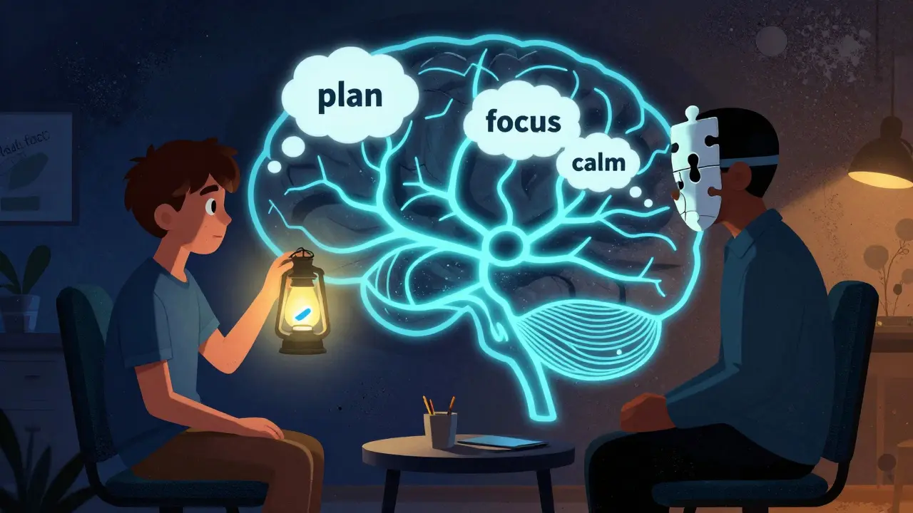 Teenager a terapeut sedí v mozku, kde lék osvětluje cestu k klidu a soustředění.