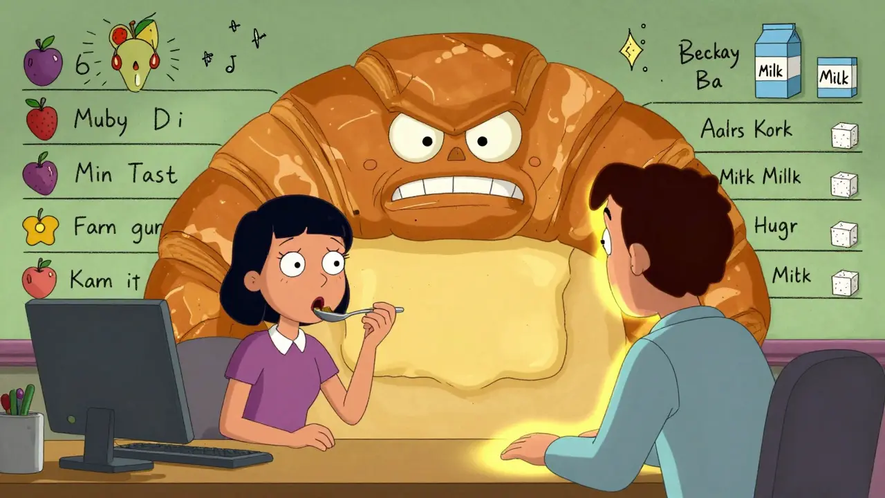 Terapeut a klient se připravují na první kousnutí, za nimi se tyčí obrovský koláč jako obr.