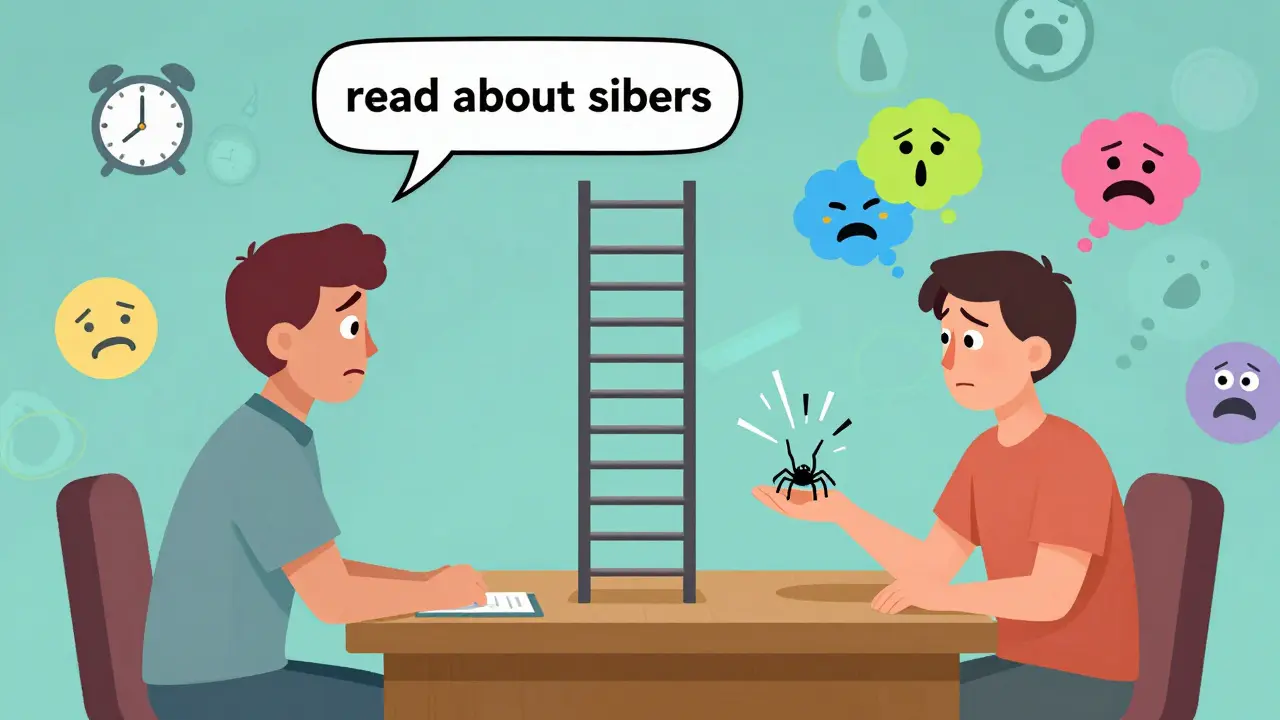 Terapeut a pacient sledují žebříček strachu ve tvaru herního rozhraní.