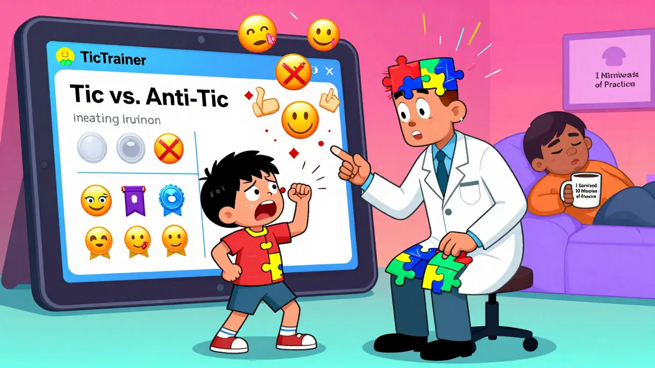 Terapeut s dítětem trénuje náhradní pohyb za tiki, vizuální pomůcky a aplikace na tabletu.