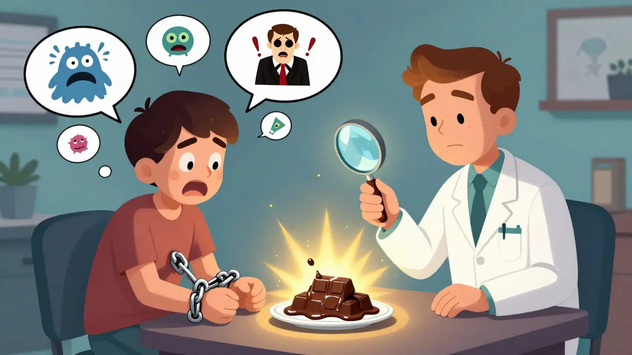 Terapeut s lupou nad čokoládou, myšlenky pacienta jako komické bubliny s monstry a počítadly.