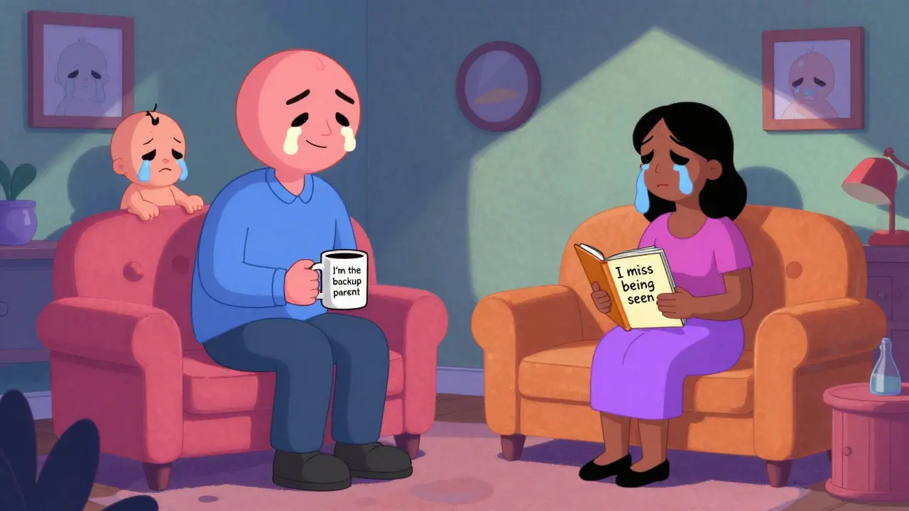 Terapeut s obrovskou hlavou poslouchá pár, kde nábytek má tvar pláčících dětí a na papíře je napsáno 'Chci být viděná'.