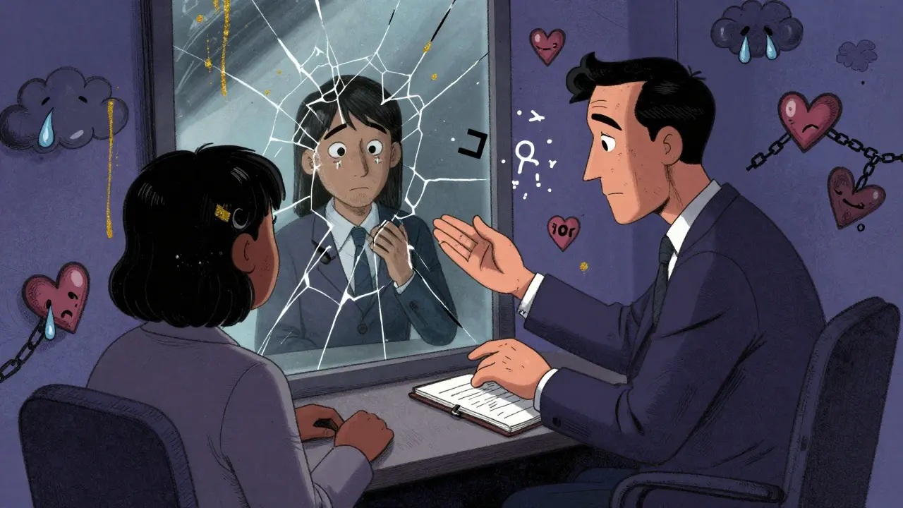 Terapeut sedí s klientem, jeho odraz v zrcadle ukazuje supervizora, který ho jemně vede.