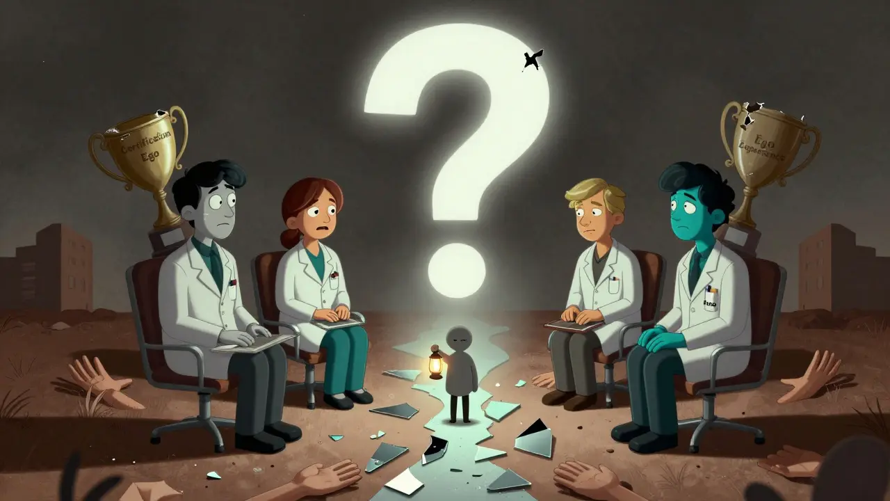 Tři terapeuti drží zničené tituly, zatímco malá postava supervize osvětluje cestu světlem.