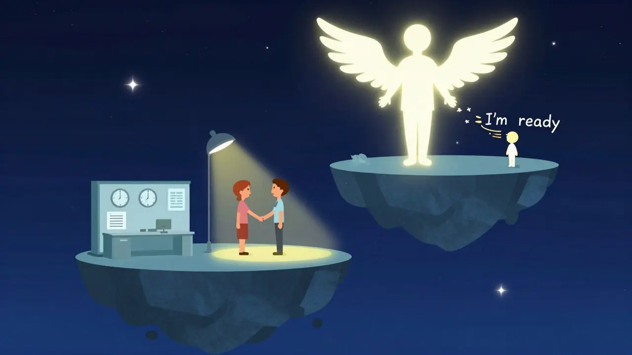 Tři úrovně terapie: kancelář, spojení a transformace — dva postavy se slévají do jednoho svítícího tvaru.