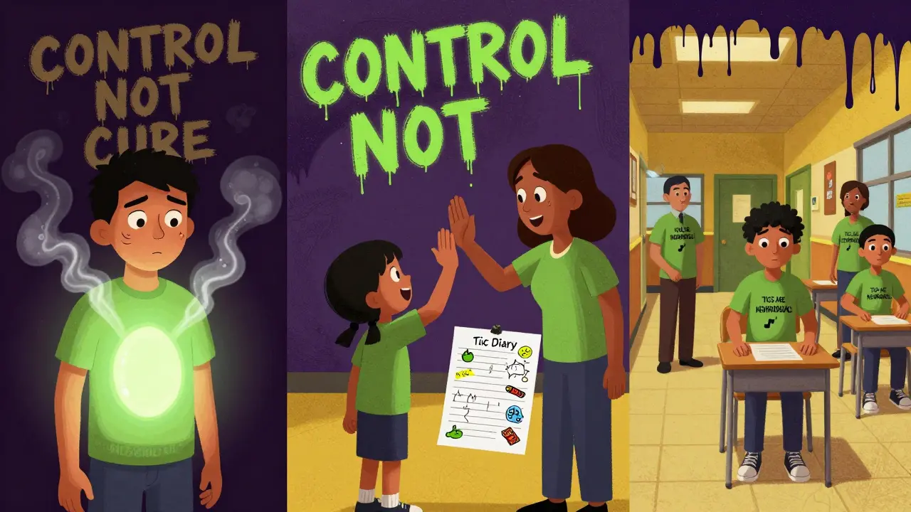 Trojice scén: dítě dýchá klidně, rodiče slaví pokrok a učitelé podporují tiki jako neurologickou potřebu.