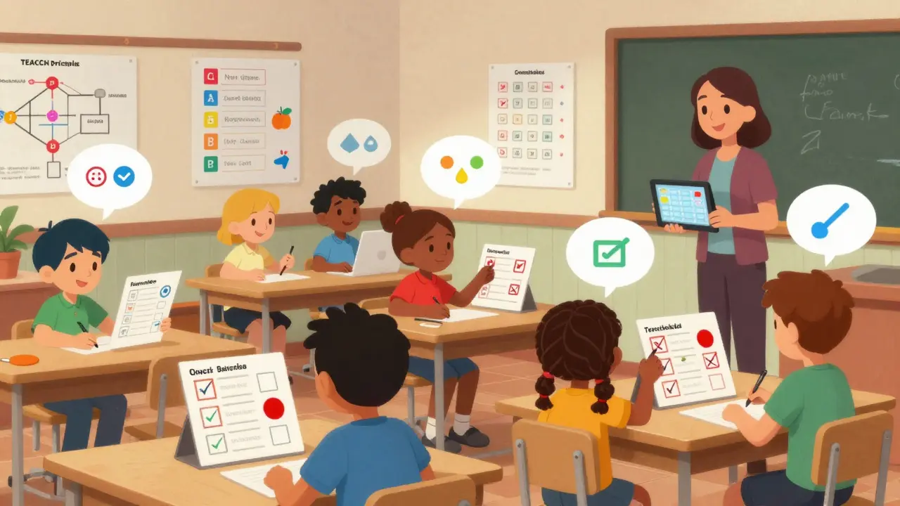 Žáci v české třídě dokončují úkoly podle vizuálních návodů, učitel používá tablet k generování rozvrhů.