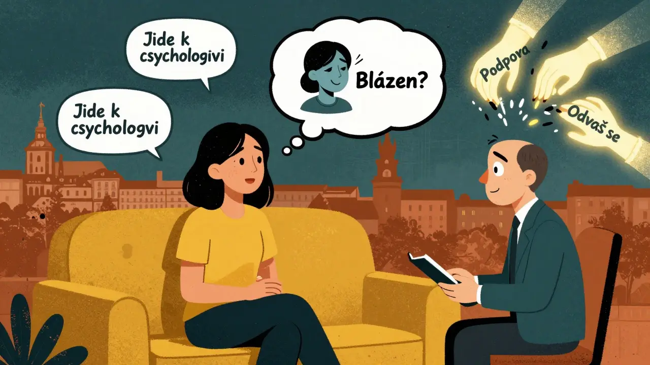 Žena mluví s psycholožkou, zatímco její strach mizí pod silou podpory.