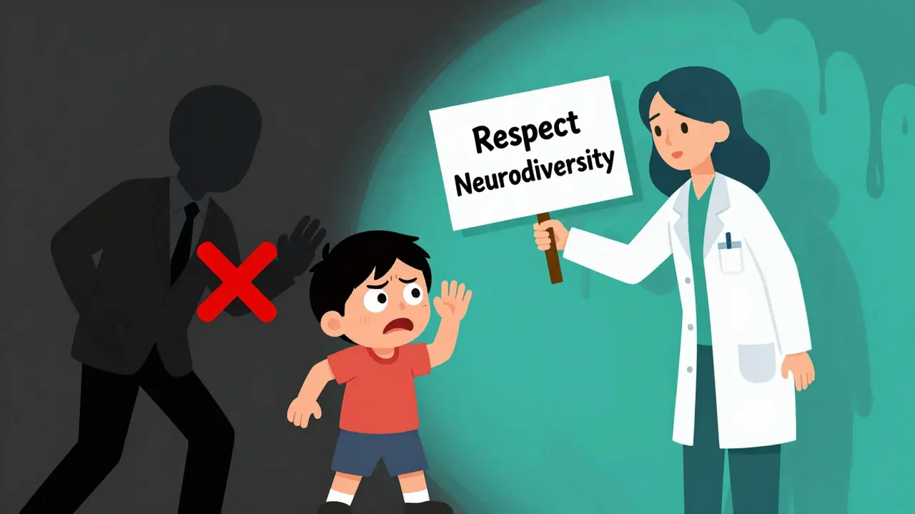 Autistické dítě stimuje, terapeut ho respektuje, pozadí mění barvu z temné na živou.