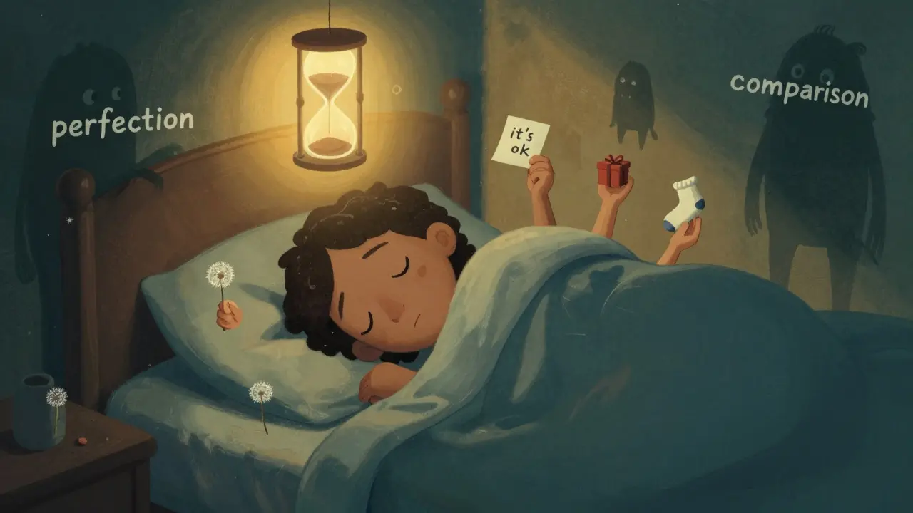 Člověk leží v posteli pod dekou tvaru objímky, kolem něj plavou malé dárky a zanikají monstrum 'perfektnosti'.