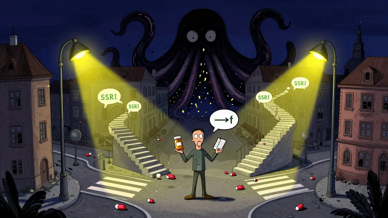 Člověk na křižovatce mezi cestou z léků a schodištěm z konverzací, temný monstrum se mění v konfeti.