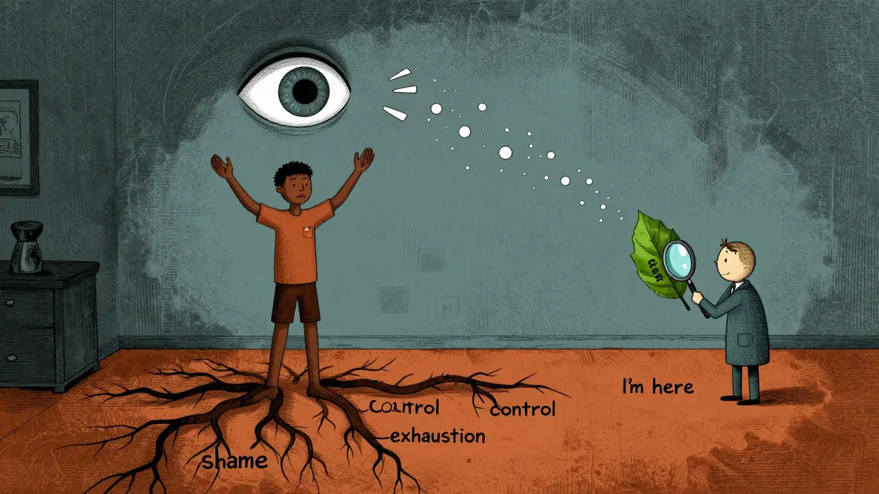 Člověk se mění v strom s kořeny z emoce, zatímco obrovské oko pozoruje jeho dech.