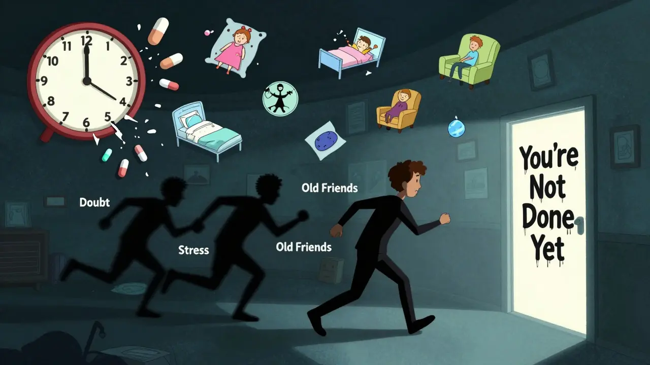 Člověk utíká před vnitřními demony, zatímco hodiny ukazují, že léčba ještě neskončila.