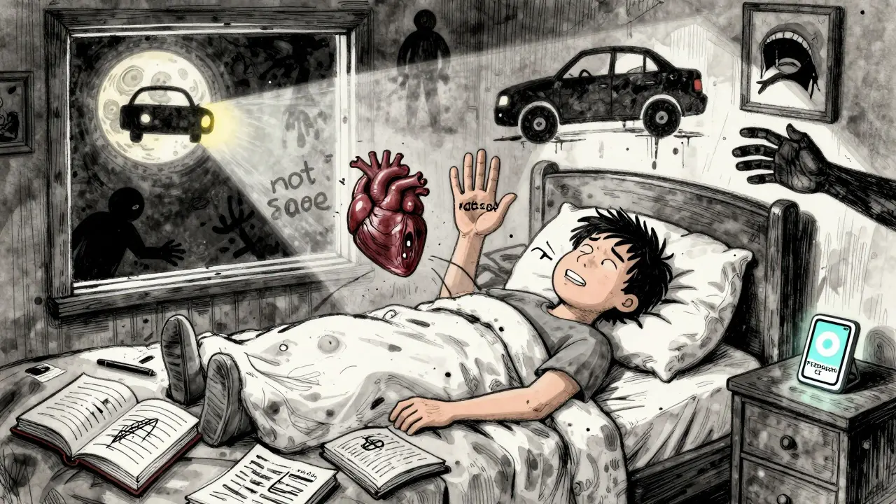 Člověk v posteli, jeho tělo je plné hlasitých orgánů, venku měsíc jako reflektor, v místnosti deníky se stopami trigerů.