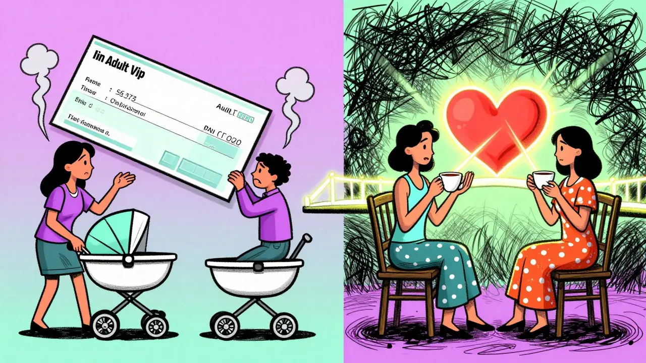 Dvojice se hádá o penězích a dětech v jedné části obrázku, v druhé klidně spolu piji čaj.