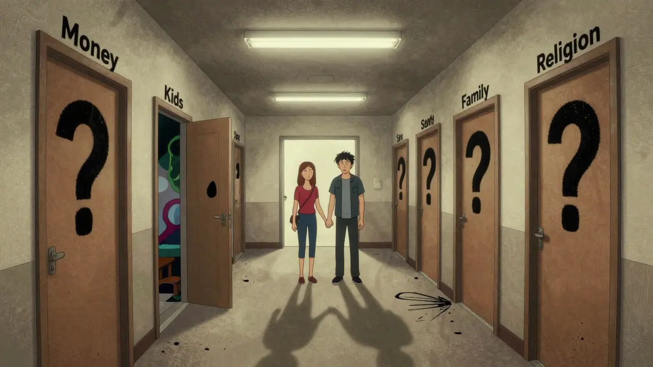 Dvojice stojí před řadou dveří označených klíčovými témata manželství, jejich stíny tvoří otázky.