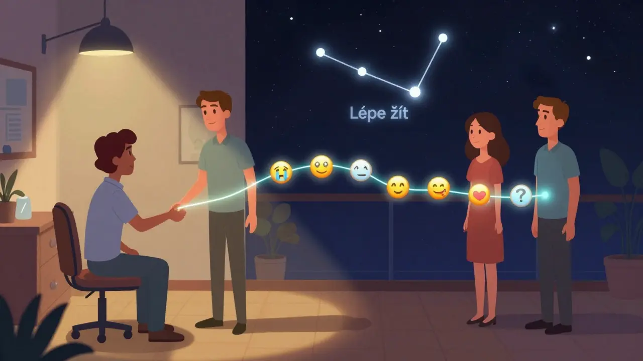 Hybridní terapeutické setkání: ruce se dotýkají, ale jsou spojeny digitálním řetězem s emojii a slovem 'Lépe žít'.