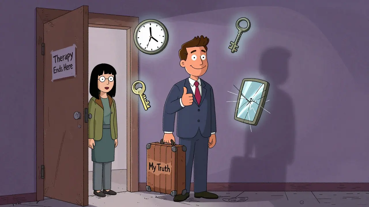 Klient opouští terapii s vlastní pravdou, zatímco terapeut ho podporuje — symbolický konec cesty.