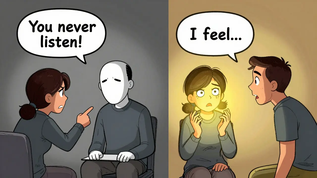 Klient používá 'já-výroky' místo obvinění, což změní atmosféru terapie z konfliktu na porozumění.