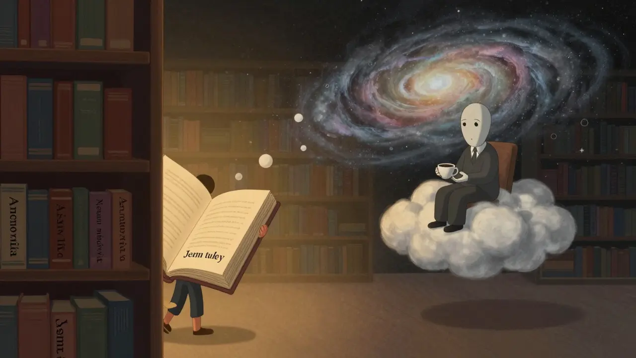 Knihovna s knihami o anonymitě, osoba vstupuje do prázdného prostoru k poradci na mraku.