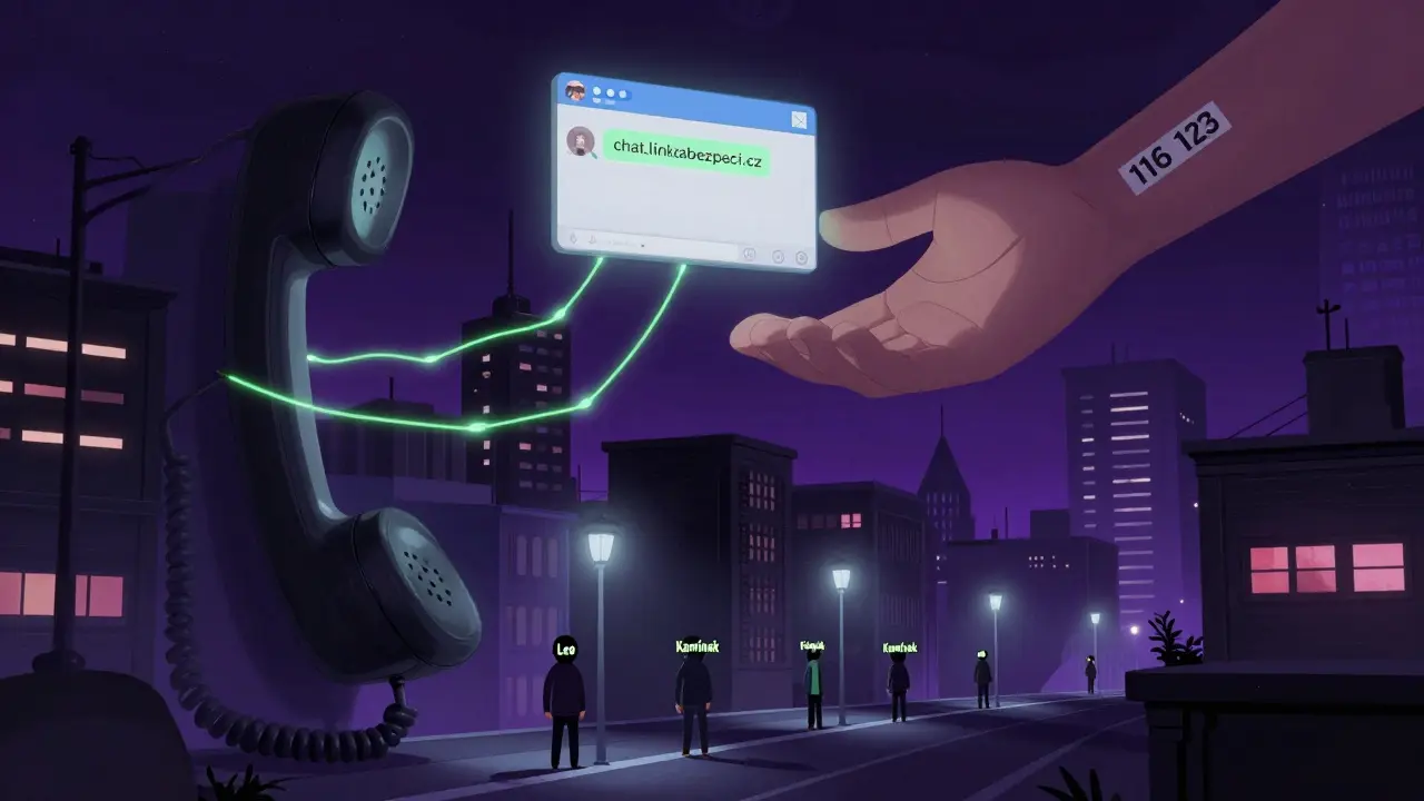 Město s telefonními sluchátky jako budovami, lidé pod světly mají přezdívky, nahoře chatovací okno.