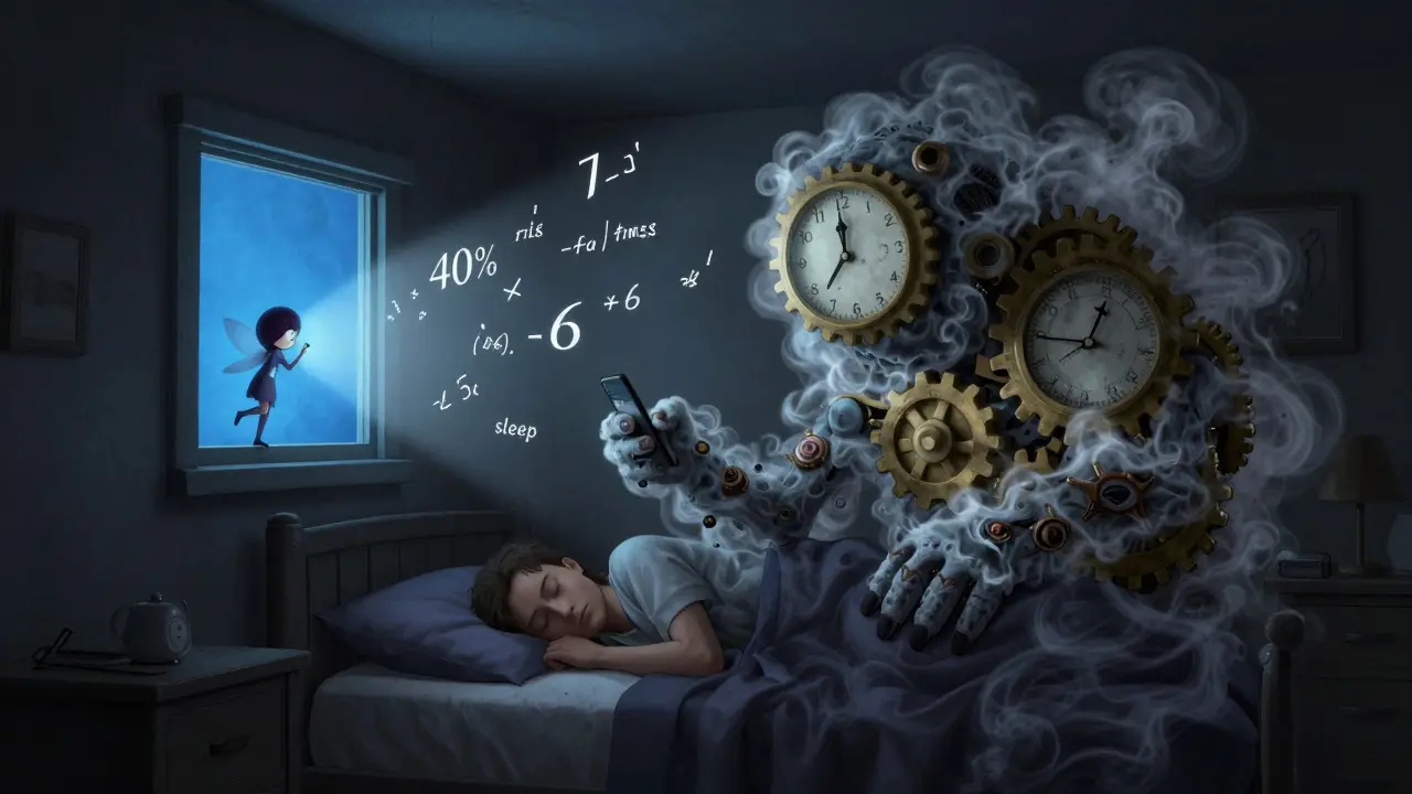 Obří cortisol monstra se tyčí nad spícím člověkem, zatímco malá fairy s melatoninem zavírá okno.