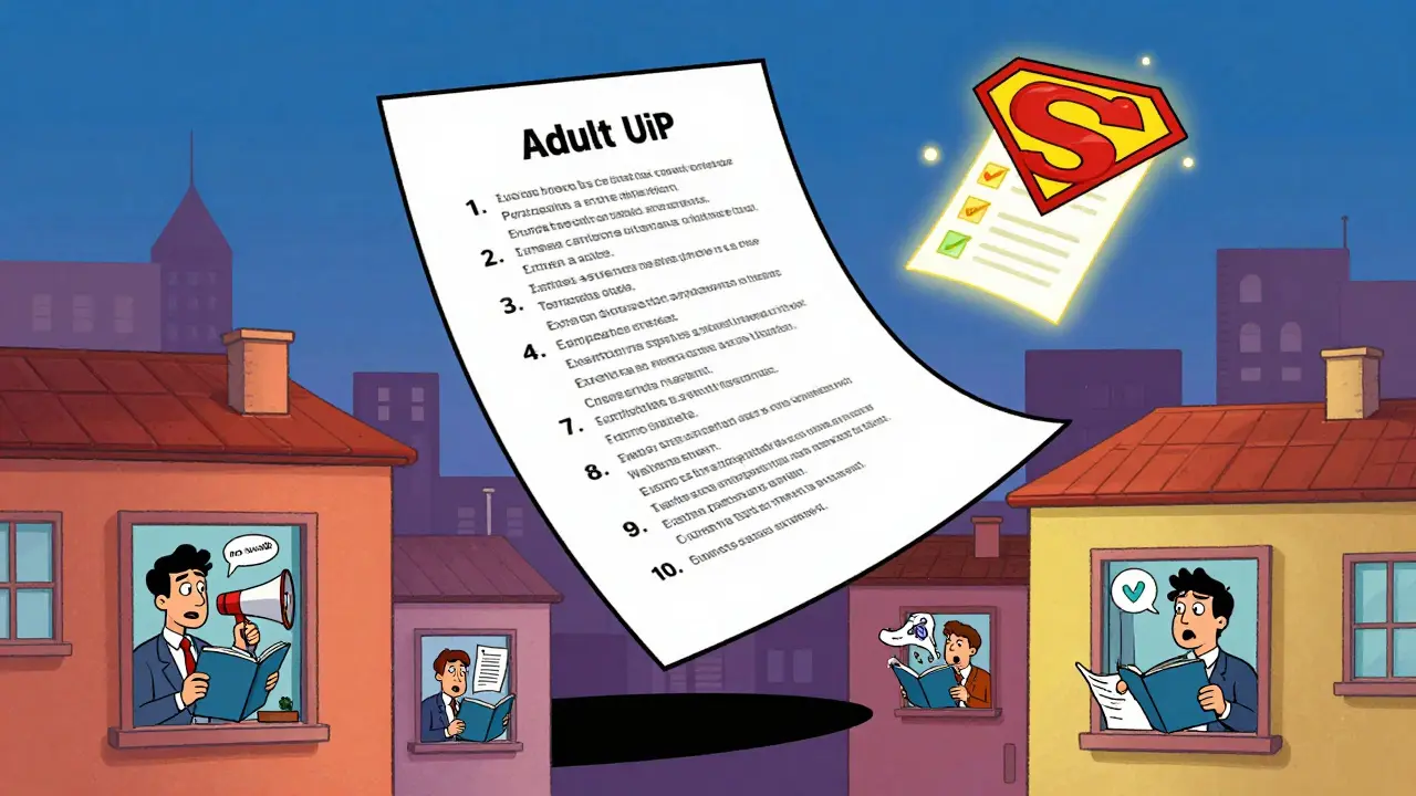 Obří smlouva plave nad městem, okna ukazují různé reakce lidí na právní podmínky.