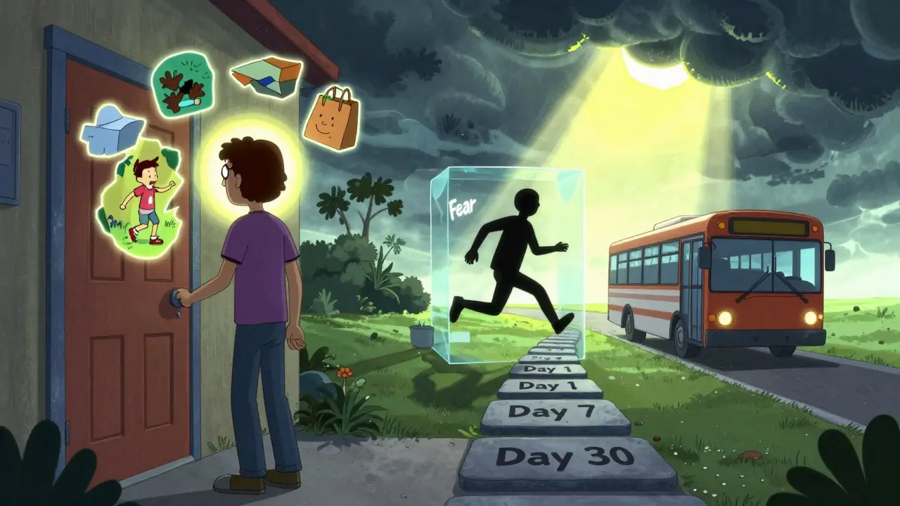 Osoba se dotýká dveří, kolem ní jsou kroky léčby a stín zabanovaného sebe.