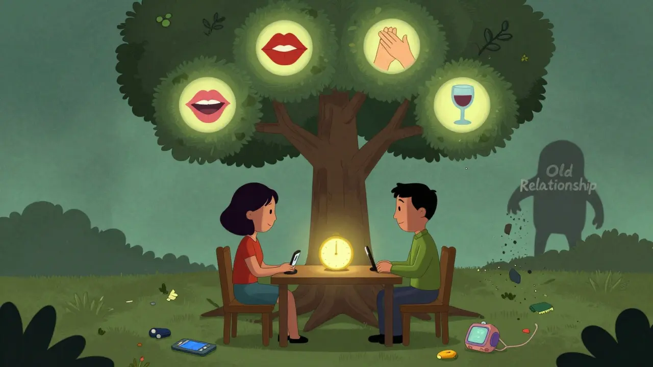 Pár spolu sedí bez telefonů, mezi nimi časovač, za nimi roste strom intimity.