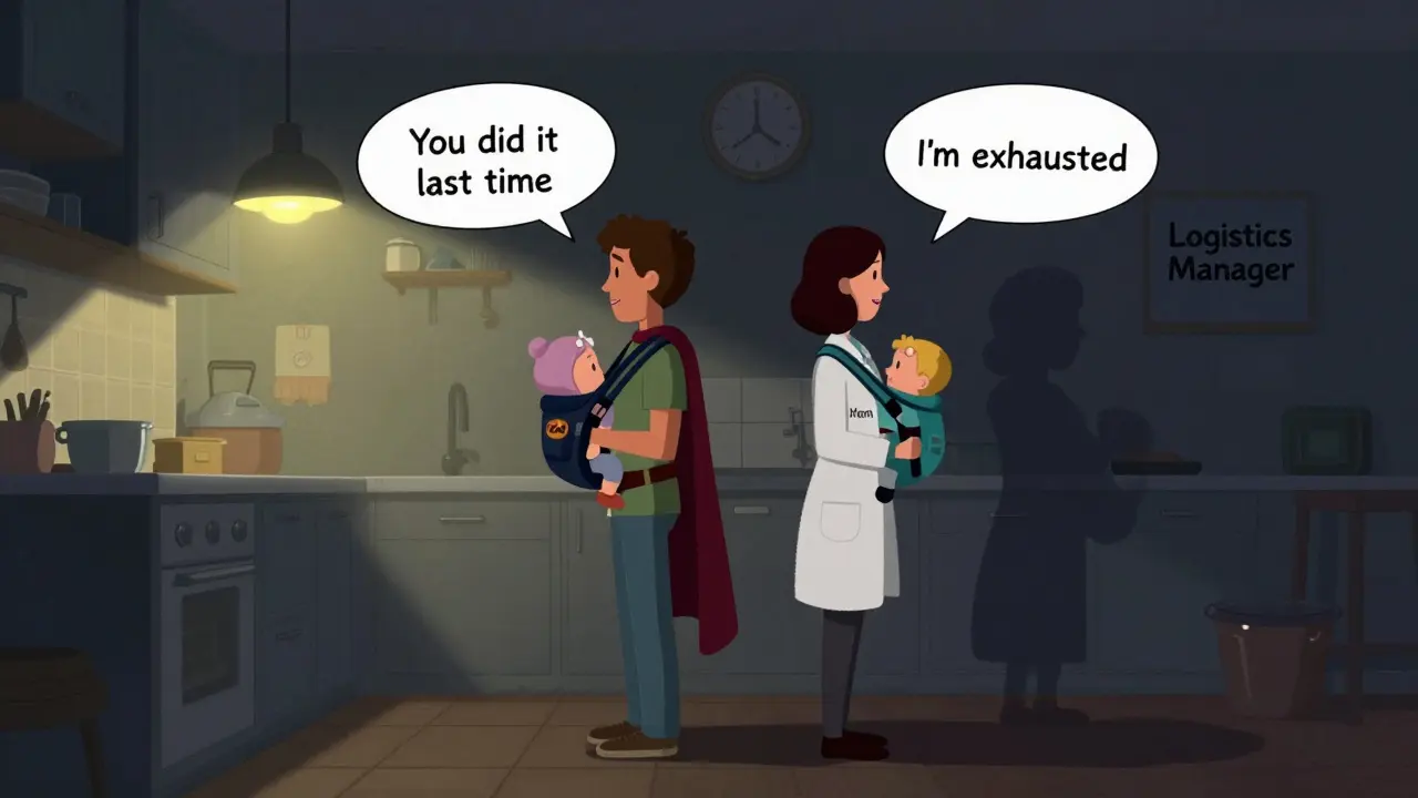 Pár v kuchyni v 3 hodiny ráno, jejich stíny se mění v různé role.