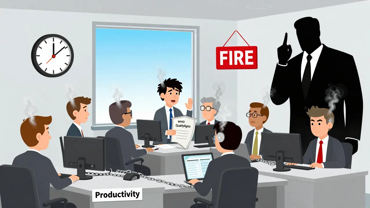 Pracovníci s párami z hlav v kanceláři, kde stres převládá, ale jedna osoba drží příručku WHO.