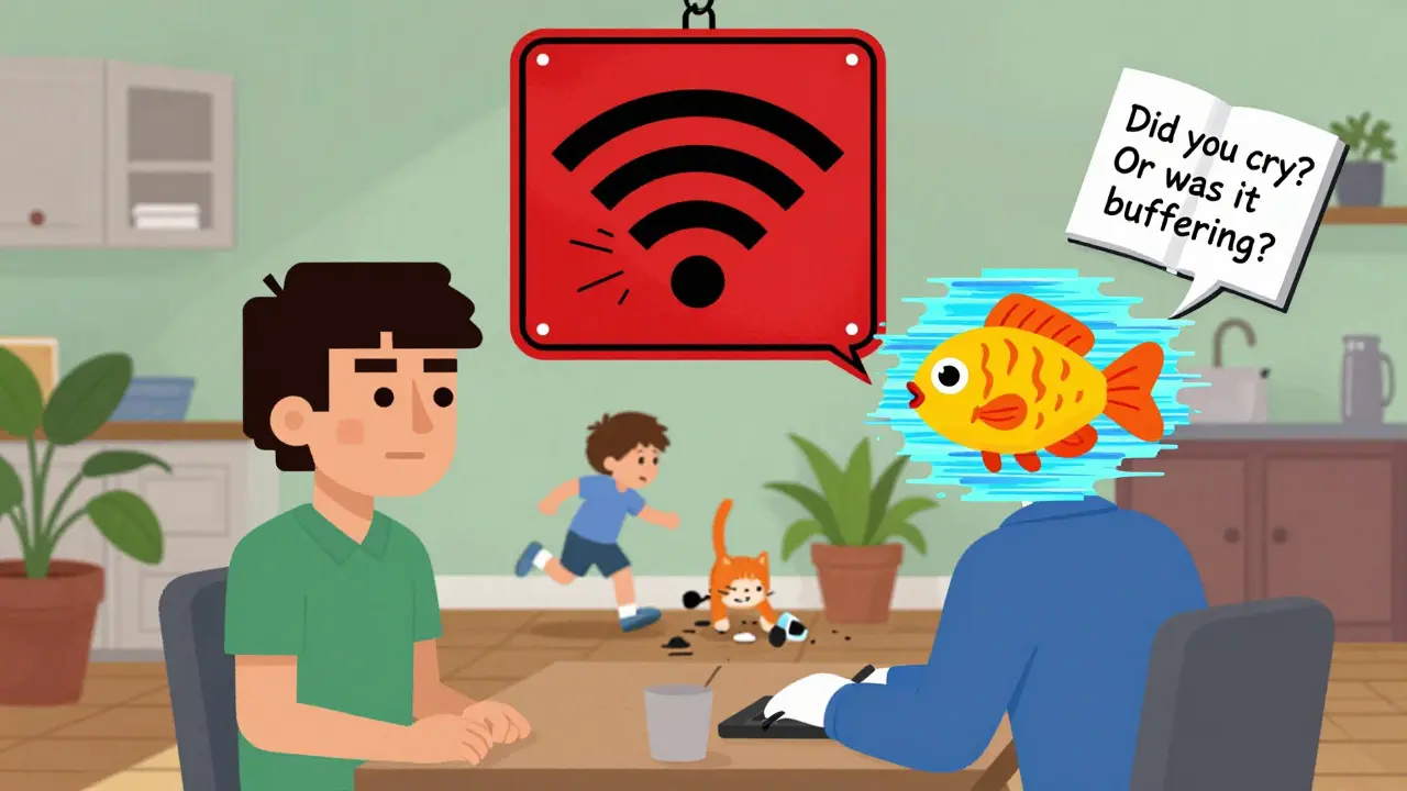 Přerušené online sezení s glitchujícími tvářemi a výstrahou Wi-Fi, zároveň děti a kočka v pozadí.