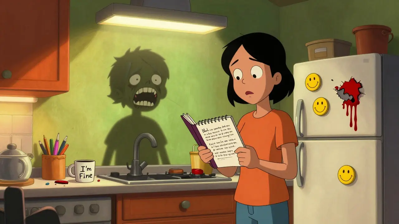 Rodič drží poznámky o chování dítěte, zatímco jeho stín se mění v křičící tvář.