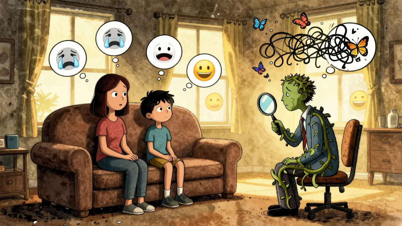 Rodiče a dítě sedí na pohovce tvaru otazníku, psycholog s magnifikátorem z lián.