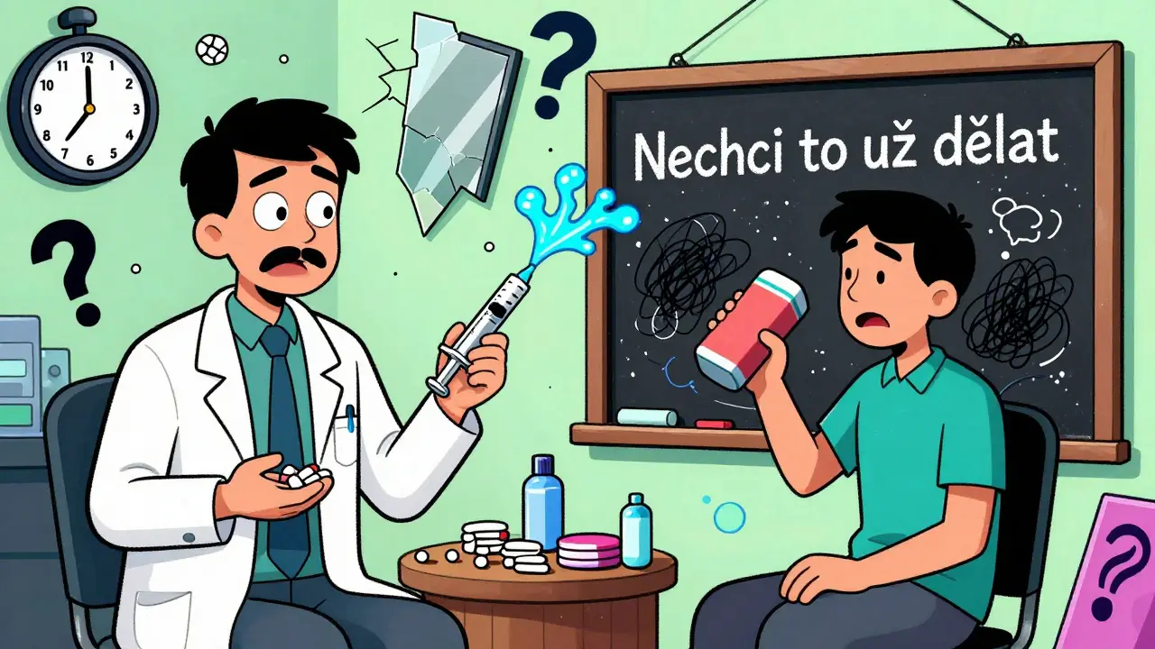 Rozdělená scéna: lékař předepisuje léky, terapeut mazí negativní myšlenky, oba stejný člověk.