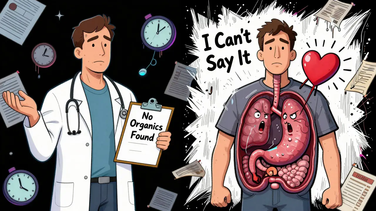 Rozdělený obraz: lékař ignoruje pacienta, zatímco jeho vnitřní orgány vyjadřují skryté strachy.