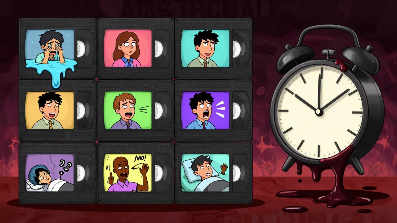 Série 50minutových sezení jako kusy VHS pásky, každé zobrazuje jinou emocionální scénu v surrealním stylu.